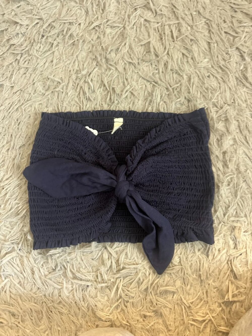 Navy Blue Smock Tie Front Cropped Shirt